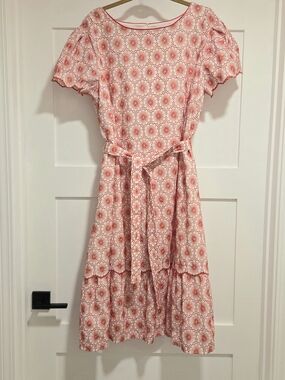 Ann Taylor Hibiscus Red Floral Eyelet Tie Waist Tiered Shift Dress XL